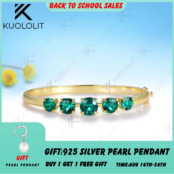 Kuololit 6CTW Round Lab Grown Emerald Custom Bangle for Women Solid 10K Yellow Gold Round Bracelet for Engagement Christmas Gift