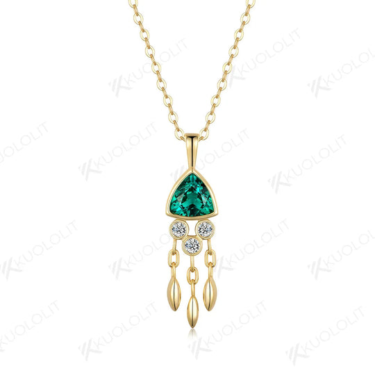 Collier Kuololit en forme de méduse, orné d'une émeraude de laboratoire de 1,2 carat, en or jaune massif 18K, 14K ou 10K (585), avec pendentif en moissanite. Idéal pour Noël. 