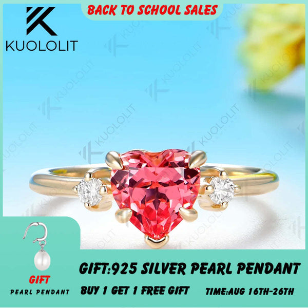 Kuololit 1CT Lab Grown Pink Sapphire Diamonds Custom Ring for Women Solid 14K 10K 585 Yellow Gold Heart for Christmas Gift Party