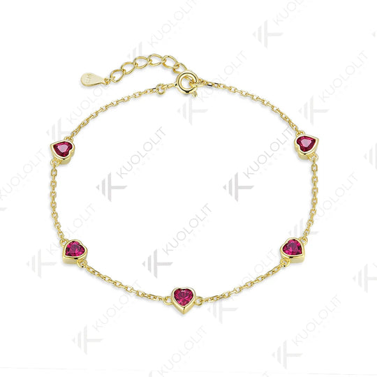 Bracelet Kuololit en or jaune massif 18K, 14K ou 585, serti de rubis de laboratoire de 1,5 carat, avec monture en forme de cœur. Idéal comme cadeau de Noël. 