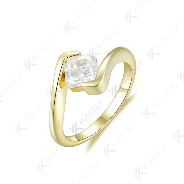 Bague Kuololit en or jaune 14 carats massif PT950 sertie d'une moissanite taille Asscher de 1 carat, idéale pour les fiançailles et Noël. 