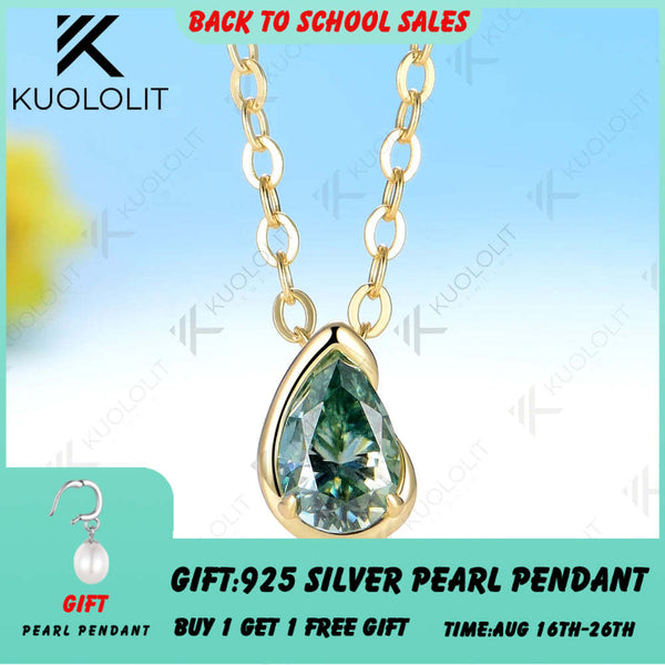 Kuololit 0.5CT Cyan Pear Moissanite Necklace for Women Men Solid 585 14K 10K Yellow Gold Pear Chain for Engagement Christmas