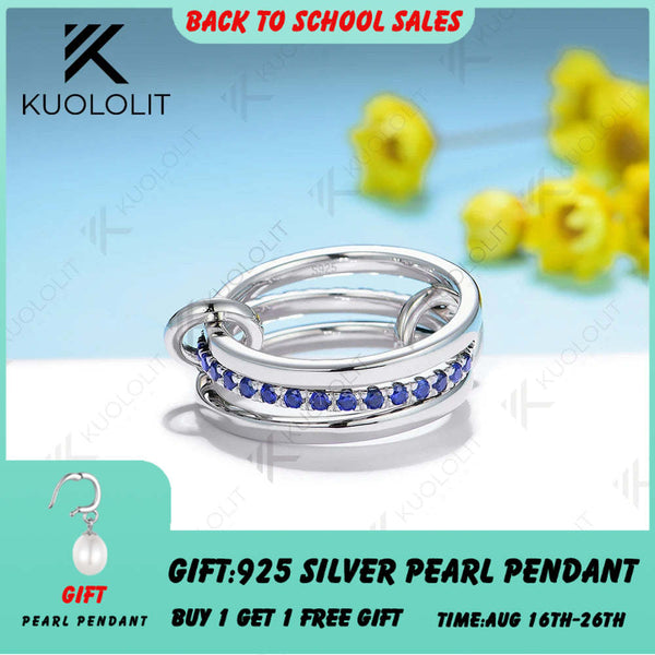 Bague Kuololit en saphir bleu de laboratoire pour femmes et hommes, en argent massif 585, or 14K et or blanc 10K, composée de 3 anneaux à relier, idéale pour Noël ou une demande en mariage. 
