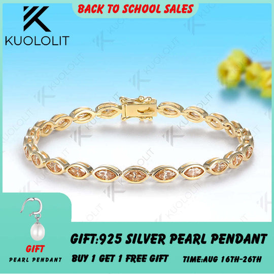 Kuololit 7.2CTW Champagne Moissanite Bracelet for Women Solid 14K 10K Yellow Gold Marquise Cut for Christmas Party Luxury Gifts