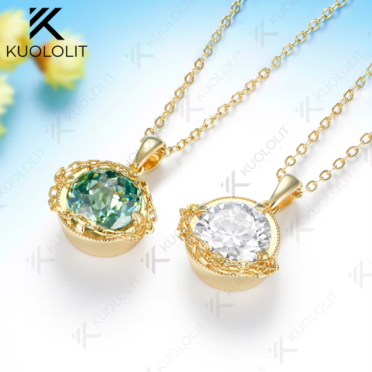 Kuololit 4CT Cyan Moissanite Jubilee Cut Necklace for Women Solid 14K 10K Yellow Gold Engagement Necklace for Christmas Gifts