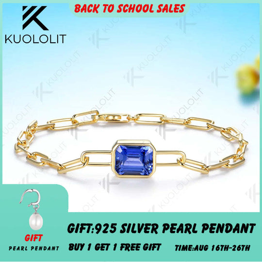 Kuololit 3.6CTW Lab Grown Sapphire Bracelet for Women Solid 14K 10K Yellow Gold Emerald Cut for Christmas Party Luxury Gifts