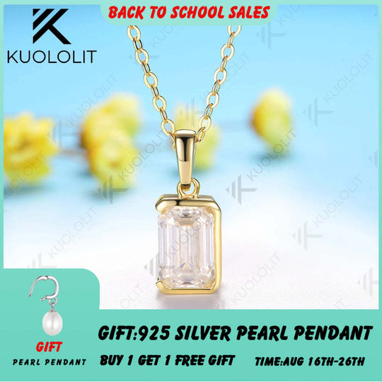 Kuololit 2.5CTW Emerald Moissanite Necklaces for Women Solid 18K 14K 10K 585 Yellow Gold Half Bezel Set Earriings for Christmas