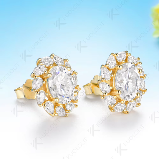 Kuololit 3CTW Oval Moissanite Custom Stud Earrings for Women Solid 14K 10K 585 Yellow Gold Oval Cut for Christmas Gifts Party