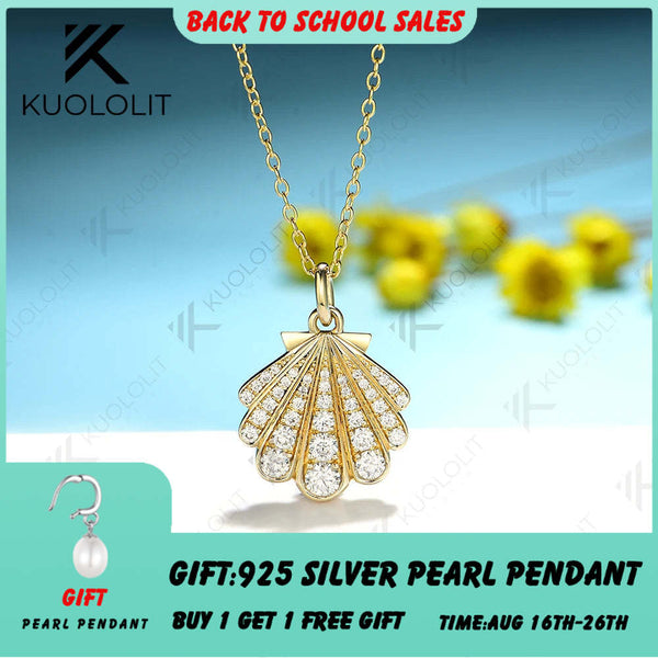 Kuololit 0,8 Karat Moissanit-Halskette, massives 10- oder 14-karätiges Gelbgold, Luxusschmuck für Damen, Muschelform, ideal für Hochzeit, Verlobung oder Weihnachten 