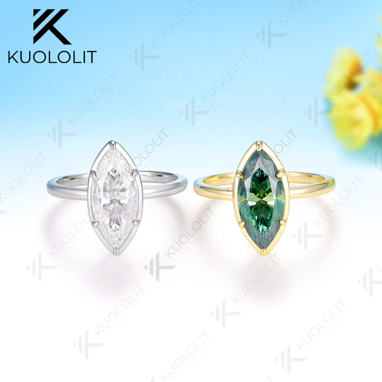 Kuololit 3ct Marquise Cyan Moissanite Ring for Women Solid 10K 14K Yellow Gold Engagement Ring for Christmas Gifts Engagement