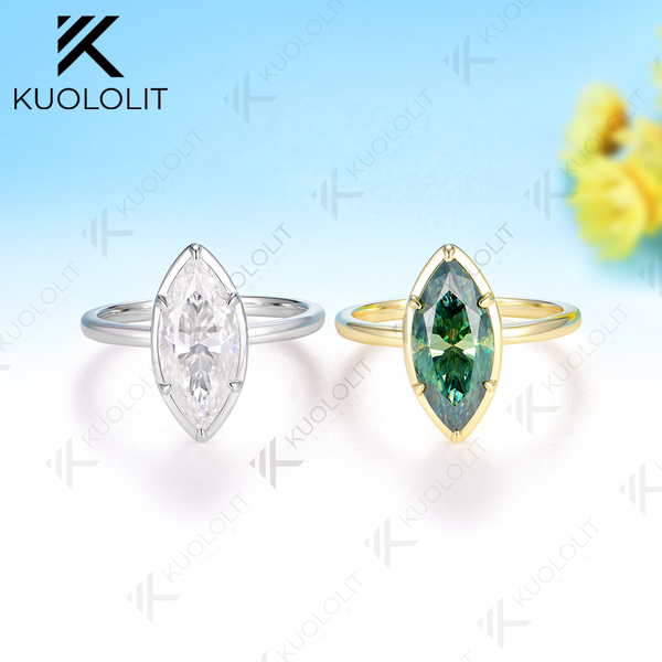 Kuololit 3ct Marquise Cyan Moissanite Ring for Women Solid 10K 14K Yellow Gold Engagement Ring for Christmas Gifts Engagement
