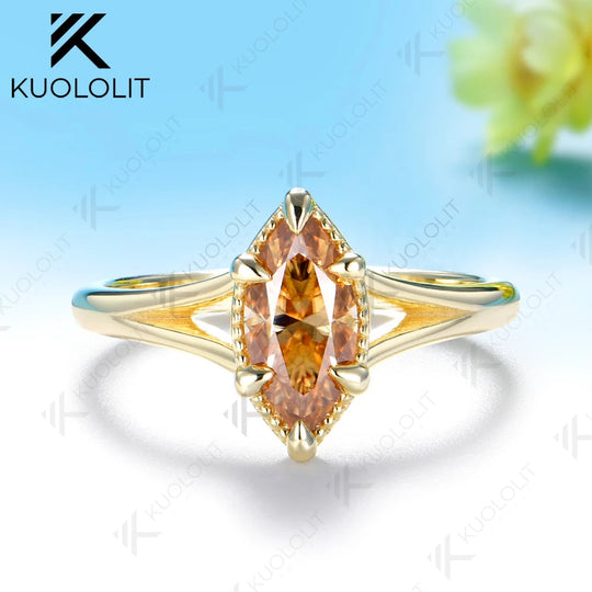 Kuololit 1CT Marquise Champagne Moissanite Custom Ring for Women Men Solid 14K 10K Yellow Gold for Christmas Anniversary Gifts