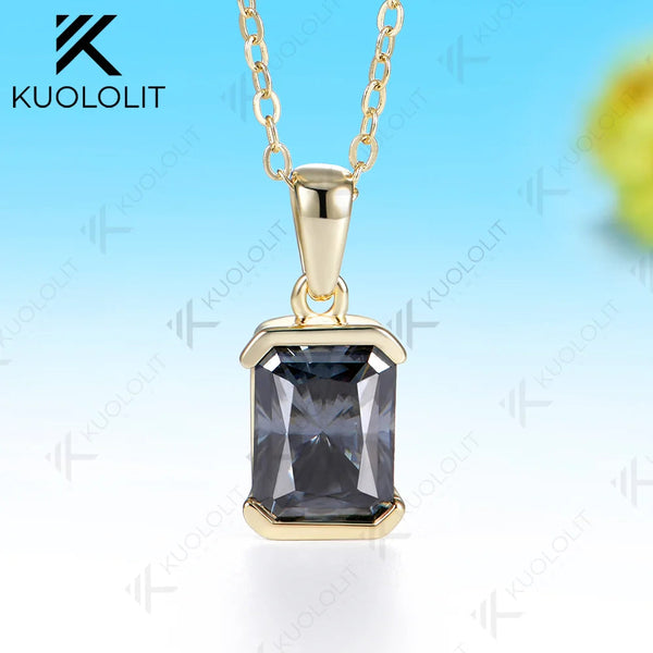 Kuololit 3CT Gray Moissanite Custom Necklace for Women Solid 585 14K 10K Yellow Gold Emerald cut Necklace for Christmas Party