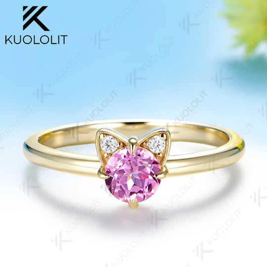 Kuololit 0.5CT Lab Pink Sapphire Diamonds Cat Custom Ring for Women Solid 14K 10K  Yellow Gold Ring for Anniversary Christmas