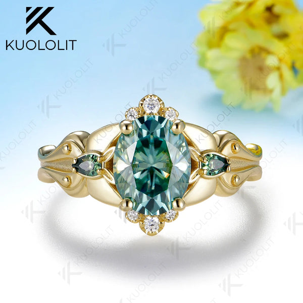 Kuololit 2CT Cyan Oval Moissanite Custom Ring for Women Solid 14K 10K  Yellow Gold Ring for Anniversary Christmas Gift
