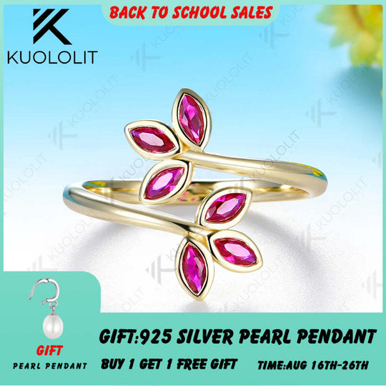 Kuololit Lab Grown Ruby Leaf Custom Ring for Women Solid 14K 10K 585 Yellow Gold Engagement Ring for Christmas Gift Party Luxury