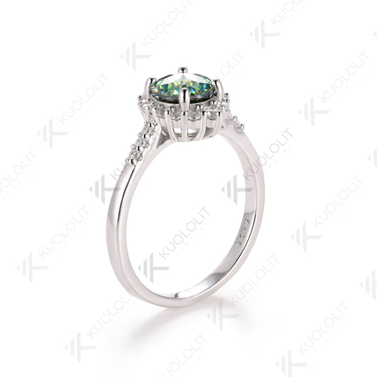 Kuololit  1.2CT Jubilee Cut Cyan Round Moissanite Ring for Women Solid 925 White Gold Engagement Ring for Christmas Gifts Party