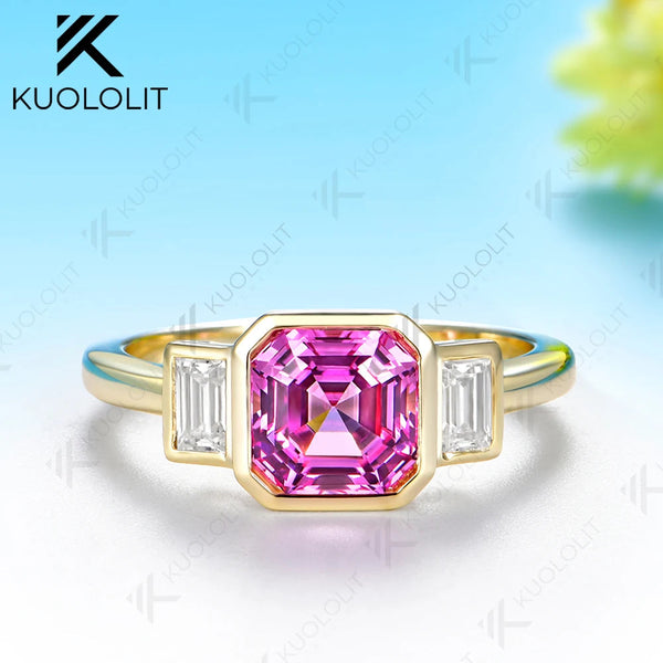 Kuololit 2CT Lab Grown Pink Sapphire Moissanite Rings for Women Solid 14K 10K 585 Yelllow Gold for Engagement Anniversary Gifts