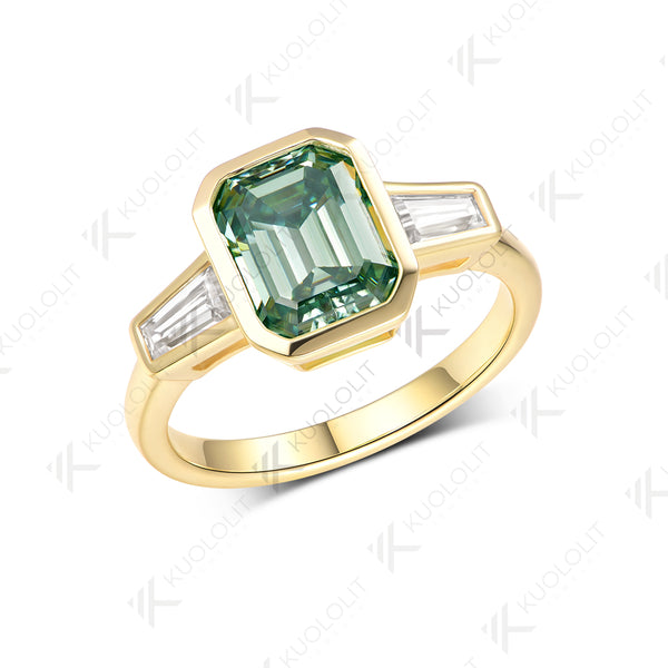 Kuololit 3CT Emerald Cut Cyan Moissanite Engagement Ring for Women Solid 14K 10K 585 Yeollw Gold Ring for Christmas Gifts Engagement