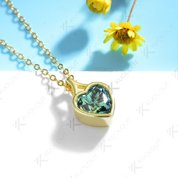 Kuololit 2CT Moissanite Lab Grown Alexandrite Heart Necklace for Women Solid 14K 10K 585 Rose Gold Heart Necklace for Christmas Gifts Party