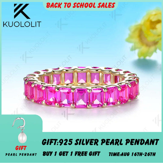 Kuololit 6.6CTW Lab Grown Pink Sapphire Custom Ring for Women Solid 14K 10K 585 Yellow Gold Full Eternity Band for Christmas