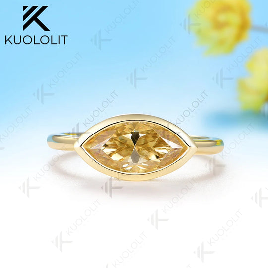 Kuololit 2CT Champagne Marquise Moissanite Custom Set Ring for Women Solid 14K 10K 585 Yellow Gold for Christmas Gifts Party