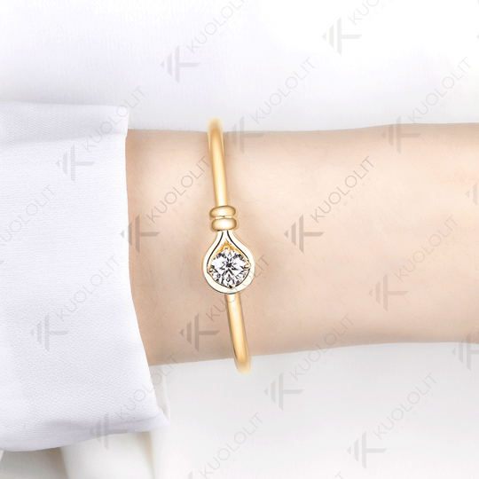 Kuololit 2CT Round Mossanite Bangle for Women Solid 10K 14K 585 Yellow Gold Bracelet for Engagement Trendy Christmas Gifts Party