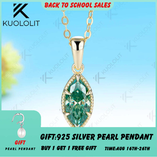 Kuololit 1CT Cyan Moissanite Marquise Custom Necklace for Women Solid 585 14K 10K Yellow Gold Necklace for Christmas Gifts Party