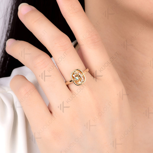 Kuololit 3CT OMC Cushion Cyan Champagne Moissanite Engagement Ring for Women Soild 10K 14K Yellow Gold  Ring for Christmas Gifts Party Anniversary