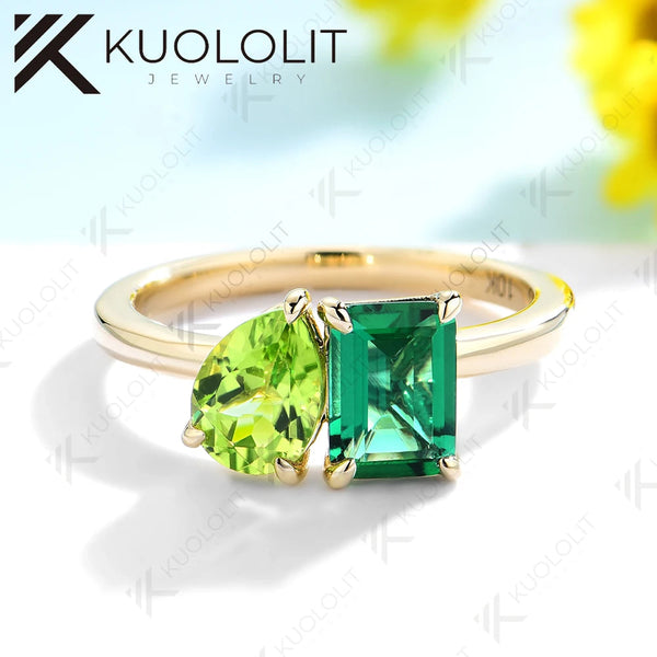 Kuololit 2CTW Lab Grown Emerald Natural Peridot Engagement Ring for Women Solid 14K 10K 585 Yellow Gold Ring for Christmas Gifts praty