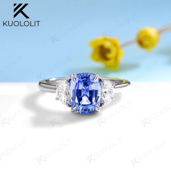 Kuololit 3CT Lab Blue Sapphire Engagement Ring for Women Solid 18K 14K 10K 585 Gold Half Moon Moissanite Ring for Christmas Gift