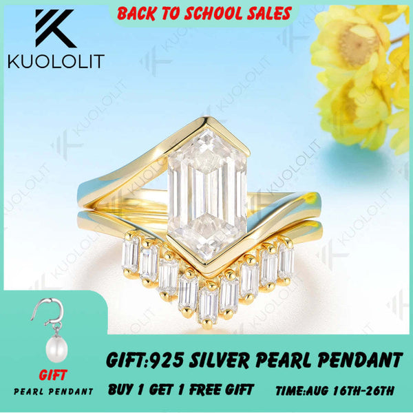 Kuololit 3CT Long Hexagon Cut Moissanite Set Ring for Women Solid 14K 10K 585 Yellow Gold Engagement Ring for Christmas Gifts
