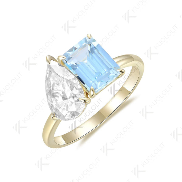 Bague de fiançailles Kuololit en aigue-marine naturelle et moissanite, en or blanc massif 18K, 14K ou 10K (585), idéale comme cadeau de Noël. 