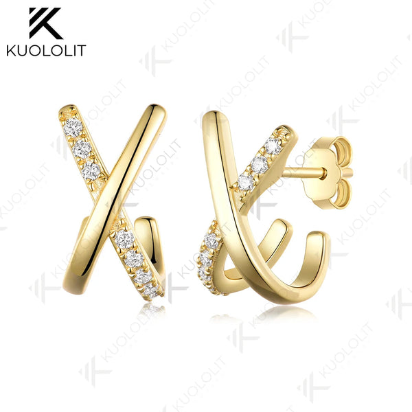 Kuololit 0.28CTW Lab Grown Diamonds Cross Stud Earrings Solid 14K 10K 585 Yellow Gold X Earrings for Christmas Gift Party Luxury
