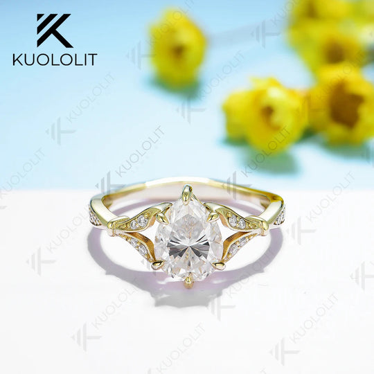 Kuololit 1,8 ct Birnenschliff Moissanit Ring aus 18K, 14K, 10K und 585 Gelbgold für Damen, Birnenförmiger D/VVS Moissanit Luxusring zur Verlobung 