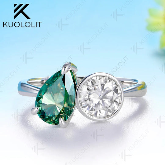 Kuololit 2.5CTW Cyan Pear Round Cut Moissanite Custom Ring for Women Men Solid 14K 10K 925 Silver White Gold for Christmas Gifts