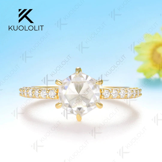 Kuololit 1.5CT Hexagon Rose Cut Moissanite Ring for Women Solid14K10K 585 Yellow Gold Engagement Ring for Anniversary Christmas