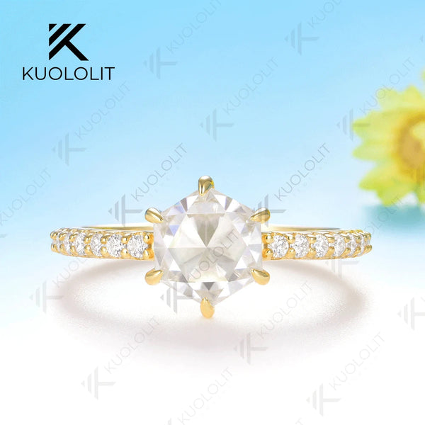 Kuololit 1.5CT Hexagon Rose Cut Moissanite Ring for Women Solid14K10K 585 Yellow Gold Engagement Ring for Anniversary Christmas