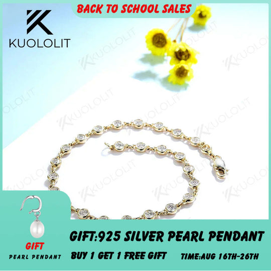 Kuololit Moissanite Chain Bracelets for Women Solid 585 14K 10K Yellow Gold Bezel set Bracelet for Romantic Engagement Group Buy