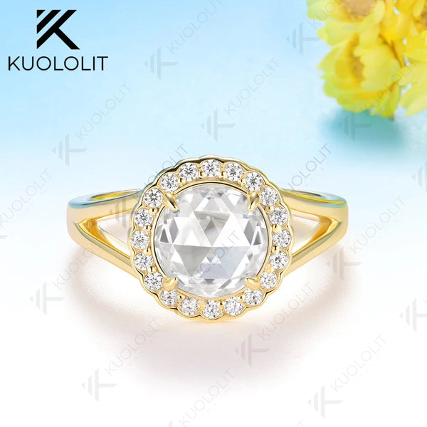 Kuololit 2CT Rose Cut Round Moissanite Ring for Women Solid 14K 10K 585 Yellow Gold Engagement Ring for Anniversary Christmas