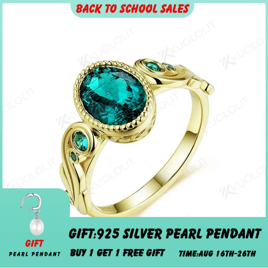 Kuololit Lab Grown Colombia Emerald Rings for Women Men Solid 585 10K Yellow Gold Oval Cut Rings for Wedding Engagement Classic
