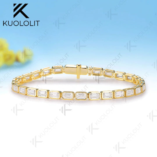Kuololit 12CTW Emerald Cut Moissanite Custom Bracelet for Women Men 14K 10K 585 Yellow Gold for Engagement Christmas Jewelry