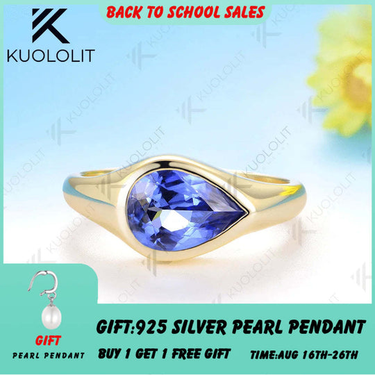 Kuololit 2CT Lab Grown Blue Sapphire Ring for Women Solid 14K 10K 585 Yellow Gold Engagement Ring for Christmas Gifts Party