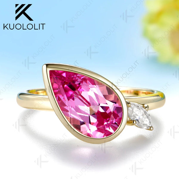 Kuololit 3.5CT Lab Grown Pink Sapphire Moissanite Custom Ring for Women Solid 14K 10K Yellow Gold Ring for Anniversary Christmas