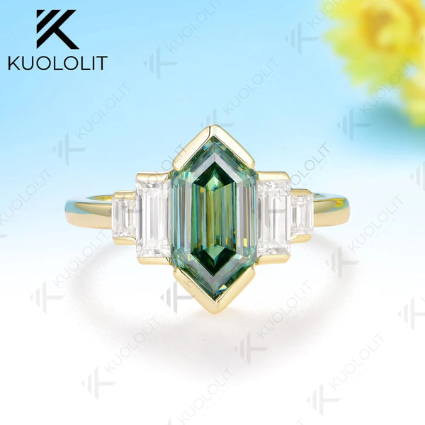 Kuololit 2.5CT Elongate Hexagon Cut Cyan Moissanite Ring for Women Solid 14K 10K 585 Yellow Gold  for Christmas Gifts Engagement