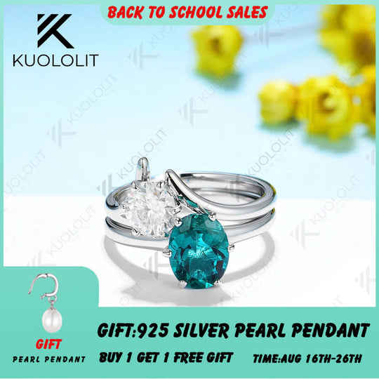 Kuololit 3CTW Lab Grown Emerlad and Moissanite Set Rings for Women Solid 14K 10K 585 YellowGold for Engagement Wedding Christmas