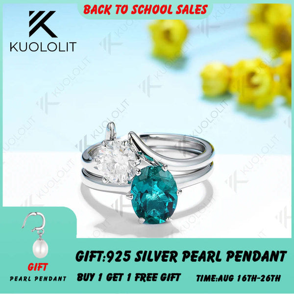 Kuololit 3CTW Lab Grown Emerlad and Moissanite Set Rings for Women Solid 14K 10K 585 YellowGold for Engagement Wedding Christmas