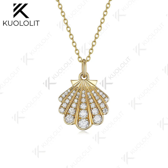 Kuololit 0.8CTW Lab Grown Diamond Shell Shape Necklace Solid 10k 14k Yelllow Gold for Women Luxury Shell Shape Wedding Engagement Christmas