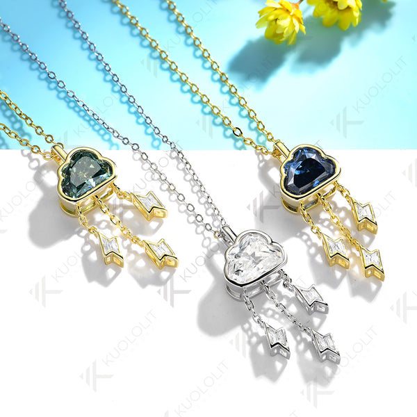 Kuololit 2CT Cyan Blue Cloud Lighting Moissanite Necklace for Women Solid 14K 10K 585 Rose Gold Wedding Necklace for Christmas Gift