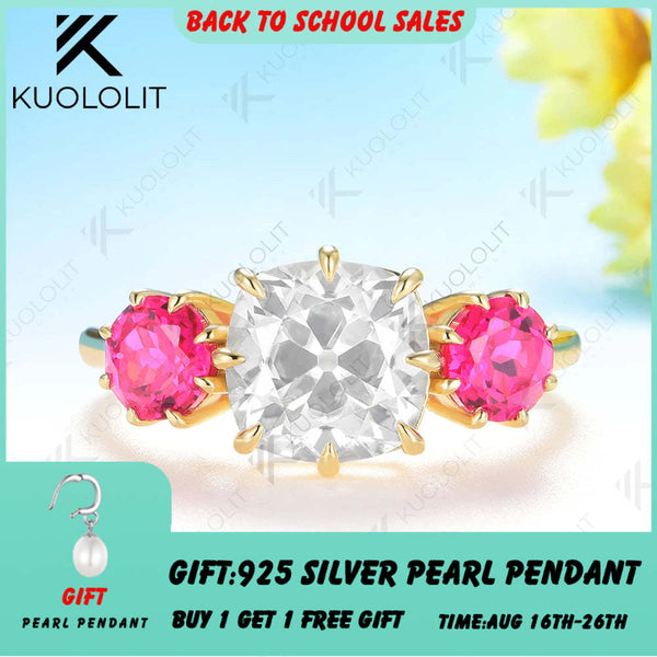Kuololit 2.5CT OMC Cut Moissanite Lab Grown Ruby Ring for Women Soild 10K 14K Yellow Gold for Christmas Anniversary Engagement